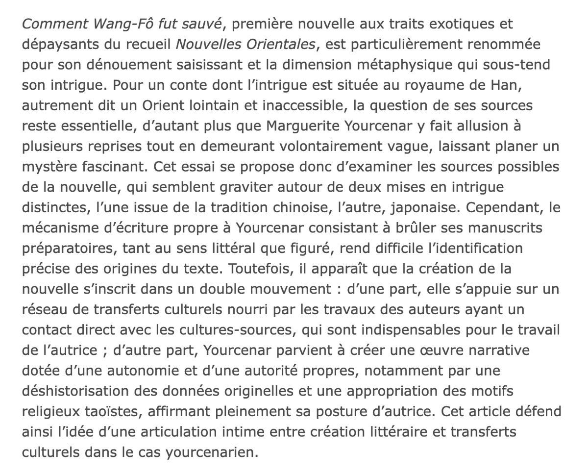 Lettres_edu_num's tweet image. 🎎 #VendrediLecture | #Recherche

🔶 « Revisiter les sources de Comment Wang-Fô fut sauvé : la création littéraire comme fruit des transferts culturels » @OpenEditionActu – Quelles sources de la nouvelle de Marguerite #Yourcenar ?

👉 journals.openedition.org/trans/20016