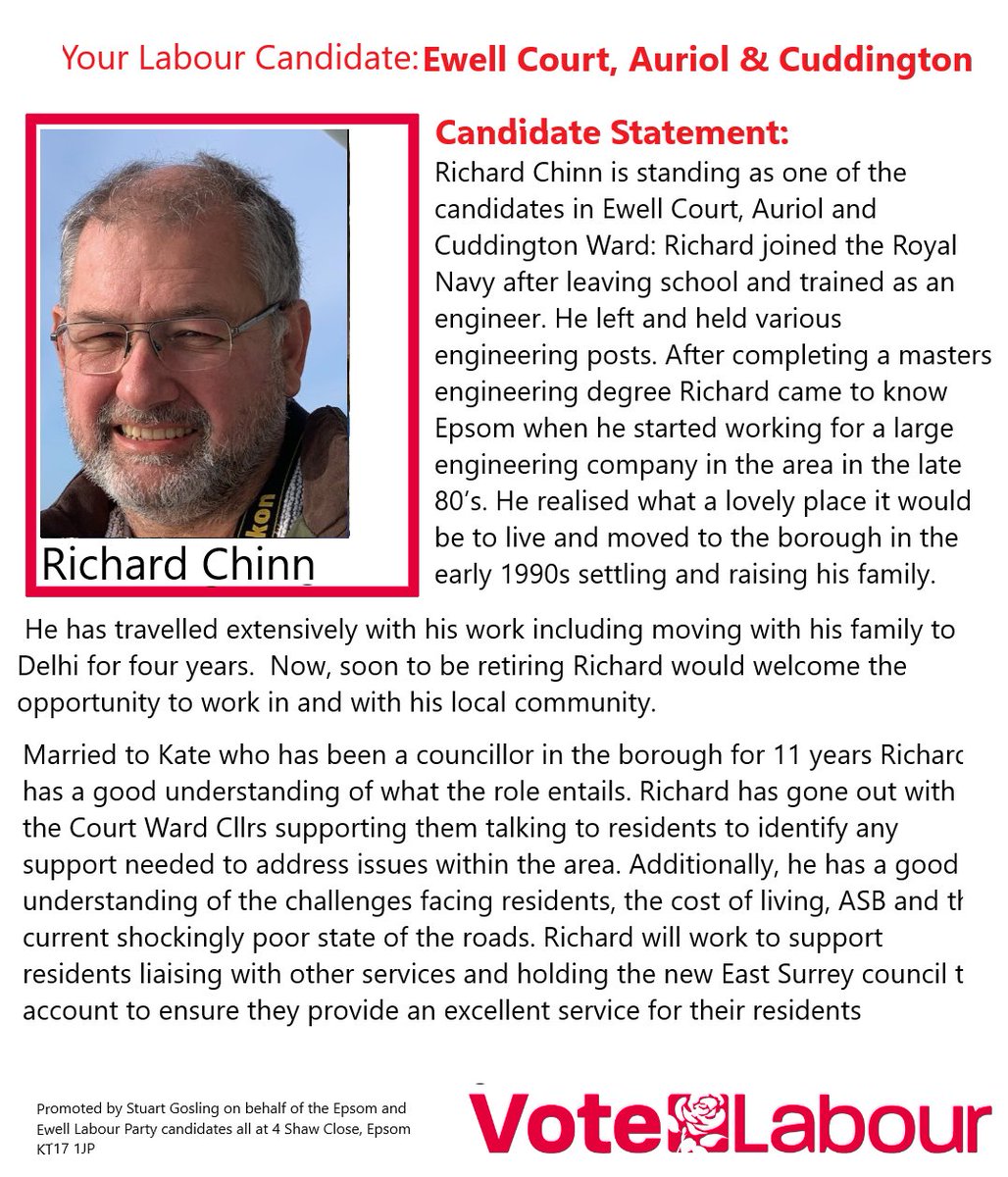 ee_labour's tweet image. Richard Chinn is standing for Labour in the ward of Ewell Court, Auriol &amp;amp; Cuddington in the East Surrey Council elections on May 7th.
#VoteLabour #Epsom #Surrey