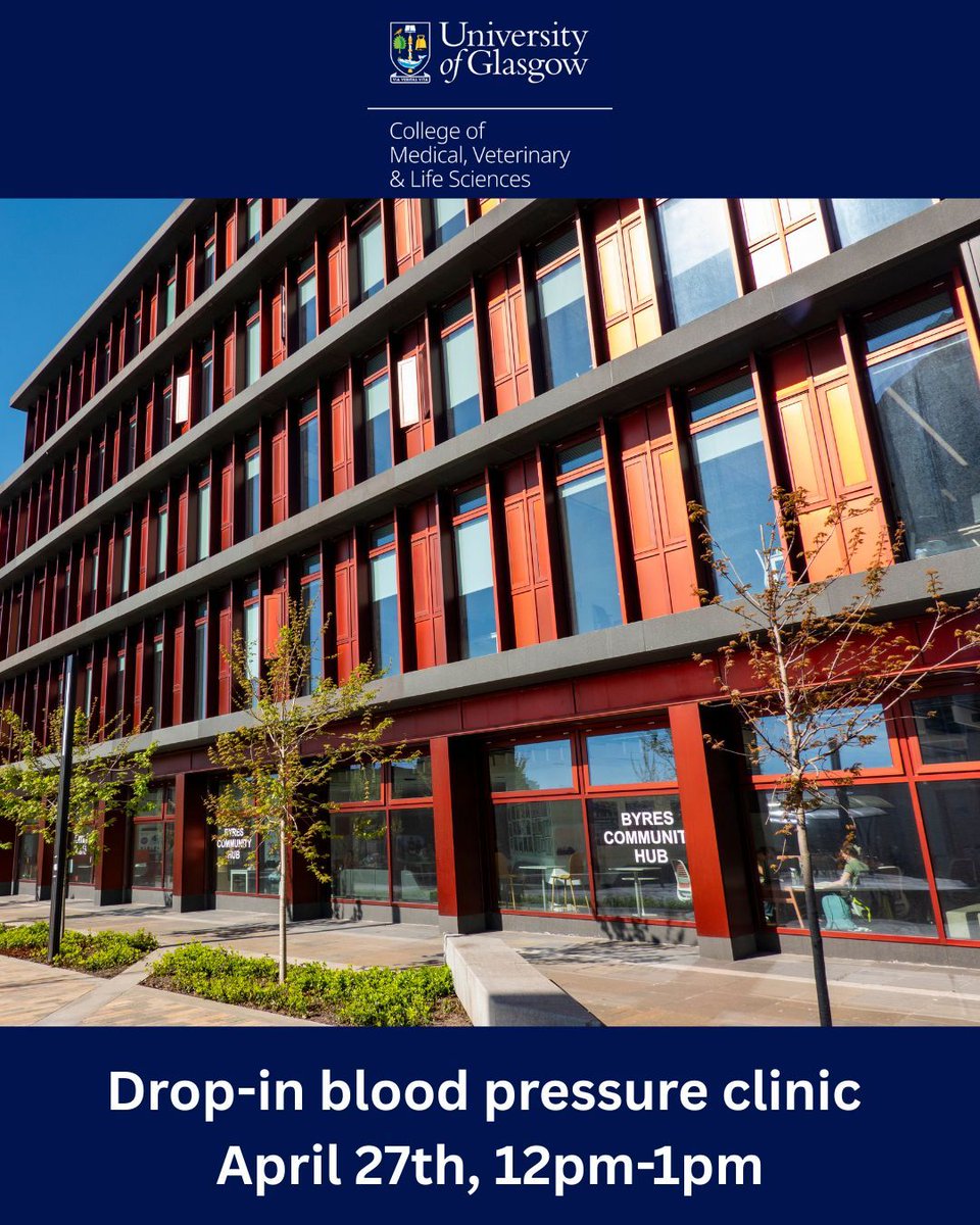 UofGMVLS's tweet photo. Join us next Monday, 27th of April, 12pm - 1pm, for a drop-in session with Chest, Heart and Stroke Scotland.

💙 Free blood pressure checks – available on a first-come, first-served basis.

📌 Takes place at Byres Community Hub, Clarice Pears Building.

#MVLS https://t.co/kZBgaGbc41