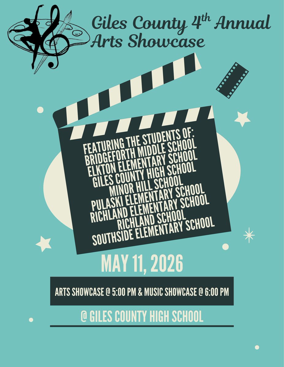GCS2020's tweet photo. The Giles County 4th Annual Arts Showcase, featuring all eight schools, is TONIGHT! The arts showcase is at 5:00 PM, and the music showcase starts at 6:00 at Giles County High School. https://t.co/pMPgH0nXLL