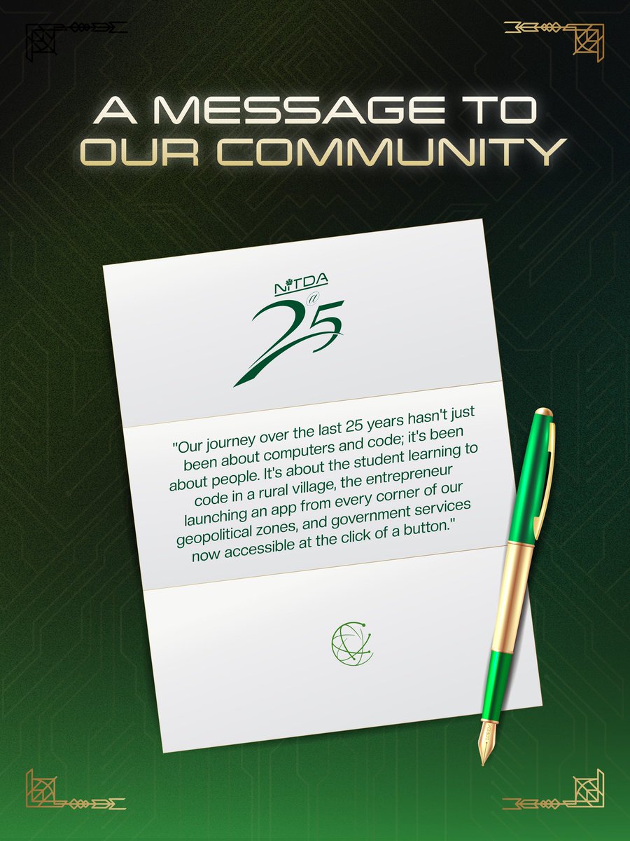 NITDANigeria's tweet photo. Our journey over the last 25 years hasn't just been about computers and code; it's been about people. It's about the student learning to code in a rural village, the entrepreneur launching an app from every corner of our geopolitical zones, and government services now accessible at the click of a button.

#NITDAat25