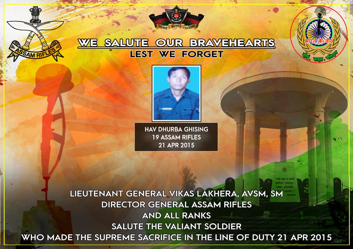 official_dgar's tweet image. Lt Gen Vikas Lakhera, AVSM, SM, Director General of #AssamRifles &amp;amp; all ranks, salute the valiant soldiers who made the supreme sacrifice in the line of duty on 21 April. 

#SaluteToMartyrs #HonourTheFallen #RememberingOurHeroes #MartyrsOfIndia #ForeverInOurHearts