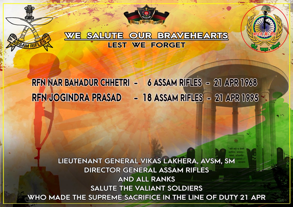 official_dgar's tweet image. Lt Gen Vikas Lakhera, AVSM, SM, Director General of #AssamRifles &amp;amp; all ranks, salute the valiant soldiers who made the supreme sacrifice in the line of duty on 21 April. 

#SaluteToMartyrs #HonourTheFallen #RememberingOurHeroes #MartyrsOfIndia #ForeverInOurHearts