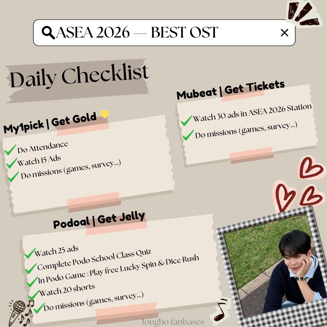 {🗳️} Daily checklist —ASEA 

Final round is coming ! Let’s go collect on Mubeat, My1pick and Podoal 🔥

#JONGHO #ATEEZ #에이티즈 #종호
