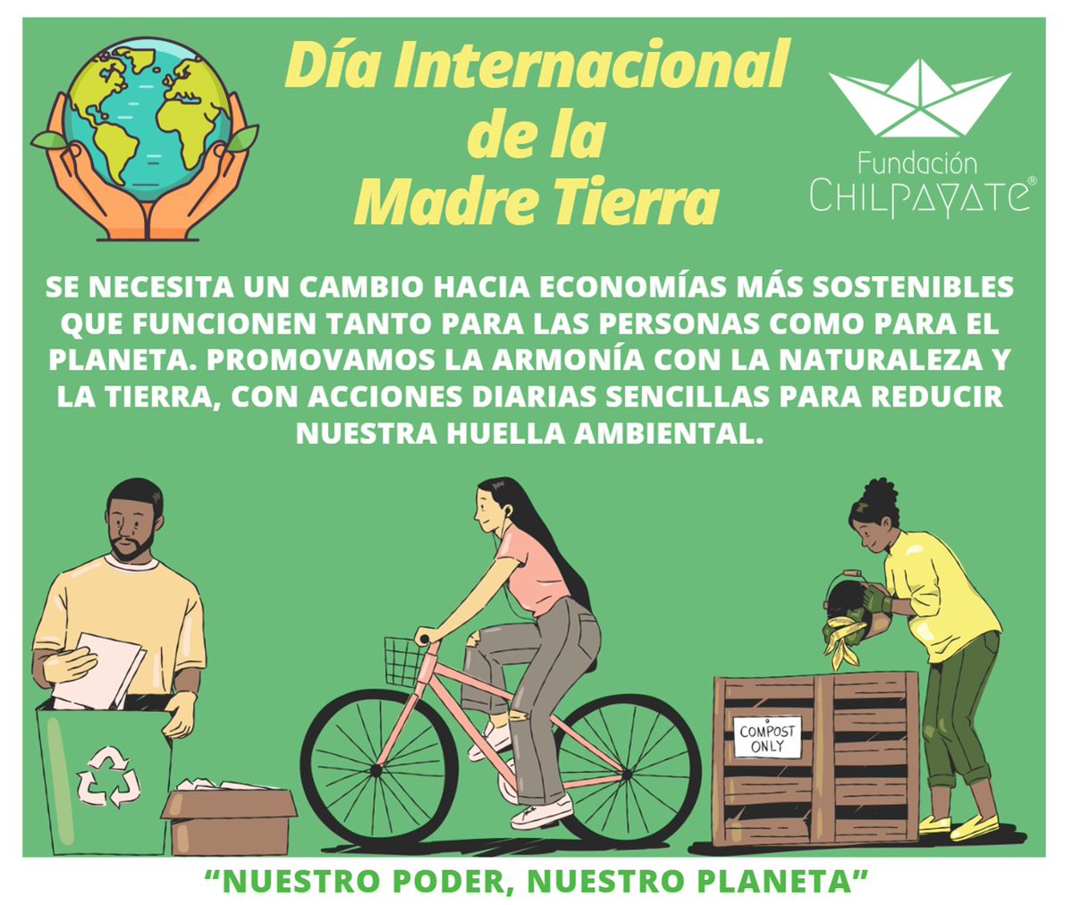 FundChilpayate's tweet photo. El #DíaInternacionalDeLaMadreTierra🌎  es un recordatorio de que el poder colectivo de las personas👥 y sus comunidades🗺️, pueden concretar cambios en la protección de los ecosistemas🐾🌱, por tanto en la salud de las personas y el planeta🌎.
#chilpayatesenacción💚🙋‍♀️🙋‍♂️ https://t.co/OT09bEvc8J