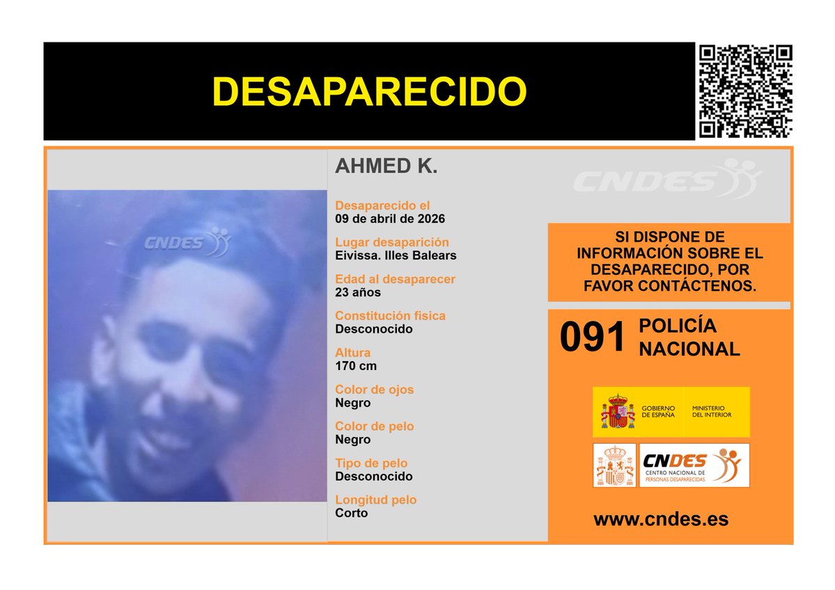 ⚠️𝘼𝙇𝙀𝙍𝙏𝘼
🚹DESAPARECIDO
Edad 23 años
🧐visto por última vez #eivissa #illesbalears
🔄RT para ayudar a encontrarlo
Si lo has visto o tienes pistas 📩cndes-web.ses.mir.es/publico/Desapa…
📞091 <a href="/policia/">Policía Nacional</a> 
🔗 Canal oficial <a href="/cndes_oficial/">CNDES</a>
#desaparecido