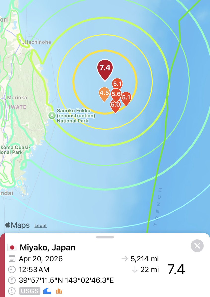 SarahLee_Hooper's tweet photo. 🚨 Large M7.4 earthquake strikes offshore near Miyako, Japan 🇯🇵

• Magnitude: 7.4
• Location: off Iwate coast
• Depth: ~22 mi (≈35 km)
• Multiple aftershocks (M4.5–5.6) already recorded

Strong offshore event along the Japan Trench, typical subduction zone activity, but large enough to watch closely.

#Earthquake #Japan #USGS #RingOfFire