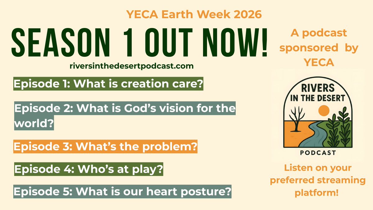 YECAction's tweet photo. ICYMI: Two YECA Community Fellows launched a #creationcare podcast called "Rivers in the Desert", inspired by Isaiah 43. All 5 episodes of season 1 are available now on your preferred streaming platform 🌊 🌱  Celebrate #EarthWeek by listening at https://t.co/4XLjONkVXN https://t.co/EizXzJYtrG