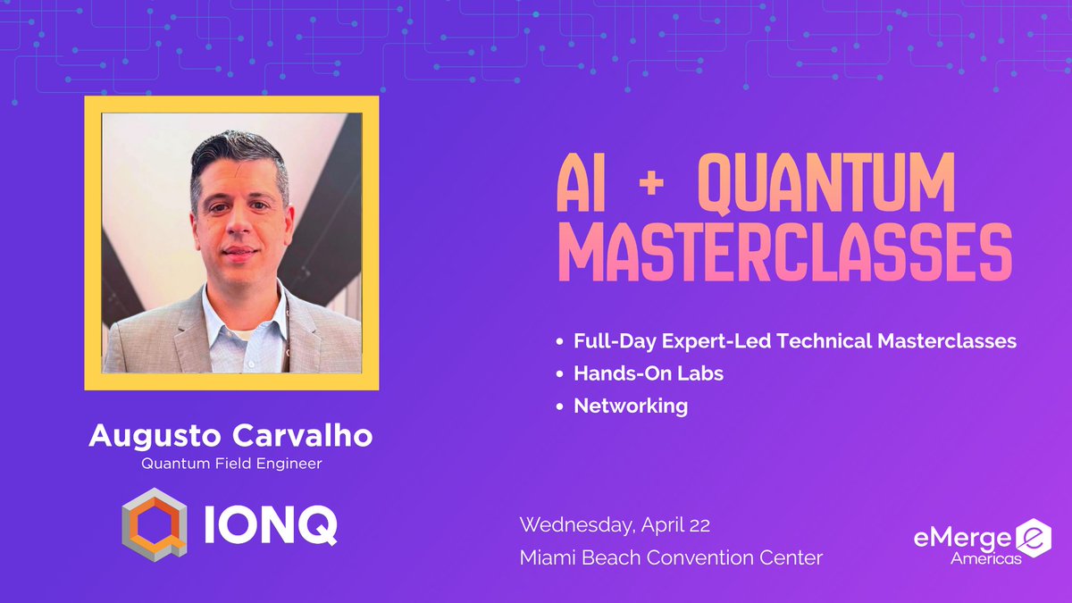 burhansebin's tweet photo. Where AI Meets Quantum: The Next Frontier of Enterprise Compute

As AI continues to scale, so does its demand on compute, energy, and infrastructure. The question is no longer whether classical systems can keep up, but what comes alongside them.

Quantum computing is emerging as a natural partner to AI, not a replacement. Together they form what is increasingly called hybrid quantum/AI workflows, combining the speed of classical systems with the expressibility, accuracy, and efficiency that quantum brings to specific classes of problems.

On April 22 at @eMergeAmericas, Augusto Carvalho, Quantum Field Engineer at @IonQ_Inc, will walk through how this partnership is already delivering measurable business value. Expect real enterprise applications, lessons from IonQ's client engagements across industries, and a clear view of where hybrid workflows are heading next.

Masterclass ticket required. Last few tickets! Register here: https://t.co/72uk6oW6M6

#eMergeAmericas #MiamiAIHub #QuantumComputing #AI #DeepTech #IonQ

@miamiaihub @melmedina305 @TJVillamil