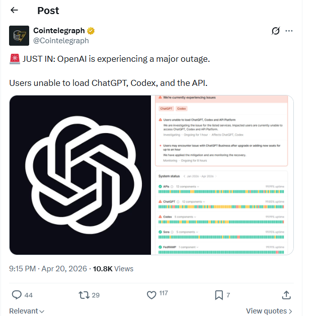 SharavArora's tweet image. BREAKING NEWS 🚨🚨🚨🚨
OpenAI confirmed issues with ChatGPT, Codex, and its API platform, where thousands reported timeouts, authentication failures, and access problems. The outage investigation began over an hour ago, with Downdetector showing a massive spike in complaints,