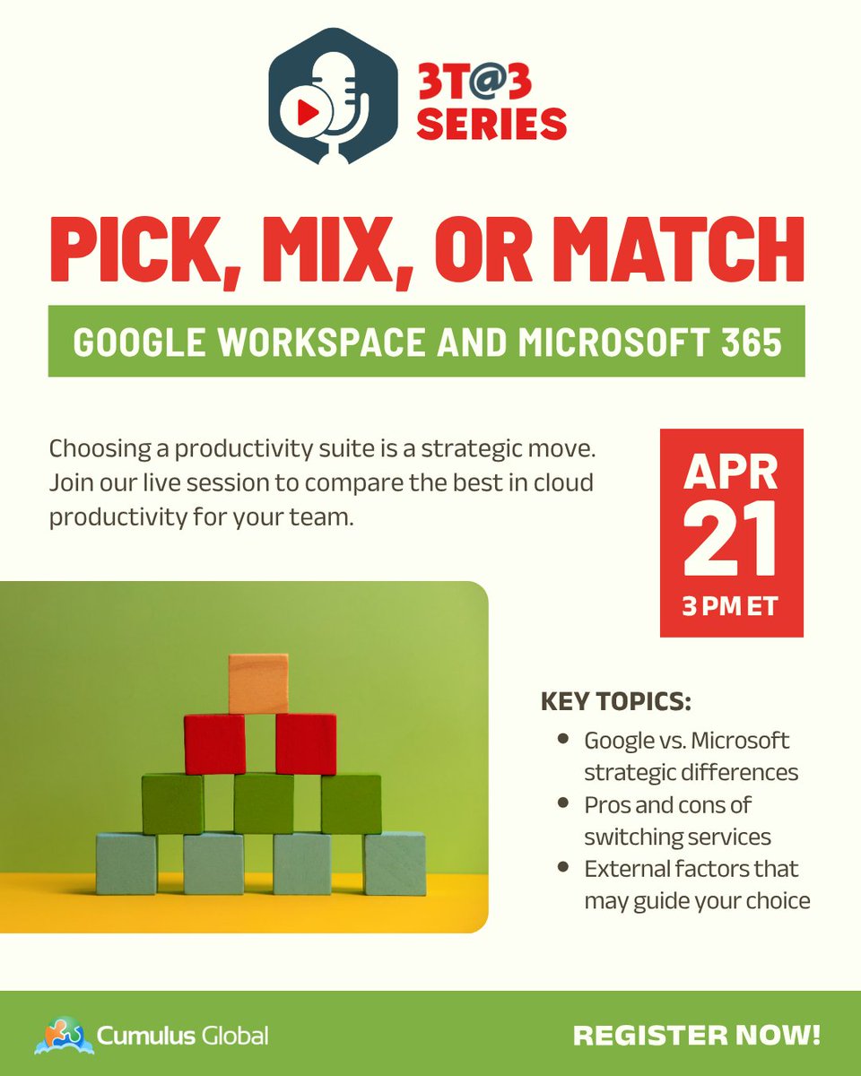CumulusGlobal's tweet image. 🚨 Tomorrow: We are breaking down the divide between #GoogleWorkspace and #Microsoft365. Join us to identify the critical factors that should guide your organization’s suite selection. 

Save your spot: jump.cumulusglobal.com/4vNcChc 

#ITStrategy #ManagedCloudServices #TechLeadership