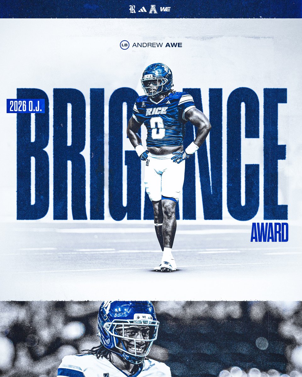 RiceFootball's tweet image. Linebacker Andrew Awe has been named the Recipient of the 2026 O.J. Brigance Award‼️

The Brigance Award is given to the Rice Football player who best represents and demonstrates the combined qualities of teamwork, good character, work ethic, and courageous leadership.

#WE