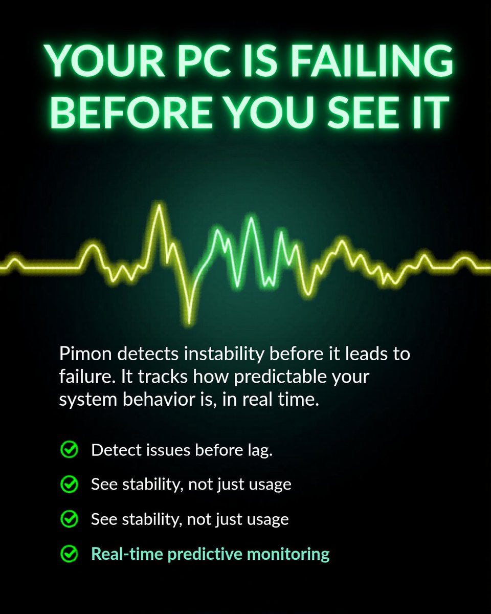 Pimon_Monitor's tweet photo. Your system doesn’t fail when it lags.
It fails before that. Every crash, stutter, or slowdown starts as a loss of structure a drop in how predictable your system behavior is. That’s what Pimon tracks. Not just usage… but stability over time. Detect issues before they surface  See what traditional monitors miss. Watch instability build in real time. Available now on Steam and Microsoft. 

Predict Detect Prevent

#technology
#computerscience
#physics
#pcgaming
#predictiveInformation