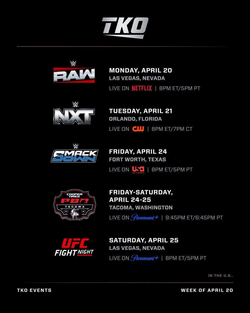 TKOGrp's tweet image. A big week nationwide kicks off tonight with #Raw after WrestleMania 🎰👊