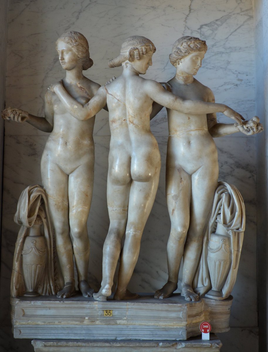 carolemadge's tweet photo. #MythologyMonday - The Three Graces, known in Greek mythology as the Charites, were goddesses who embodied beauty, charm, and joy. According to Hesiod, their names were Aglaea, Euphrosyne, and Thalia, each representing qualities that make life pleasurable and harmonious. They were often described as daughters of Zeus and Eurynome, though different myths offer alternative origins.

In Roman art, they were generally depicted nude in an interlaced group, but during the Greek Archaic and Classical periods, they were typically depicted as fully clothed, in a line, and in dance poses.