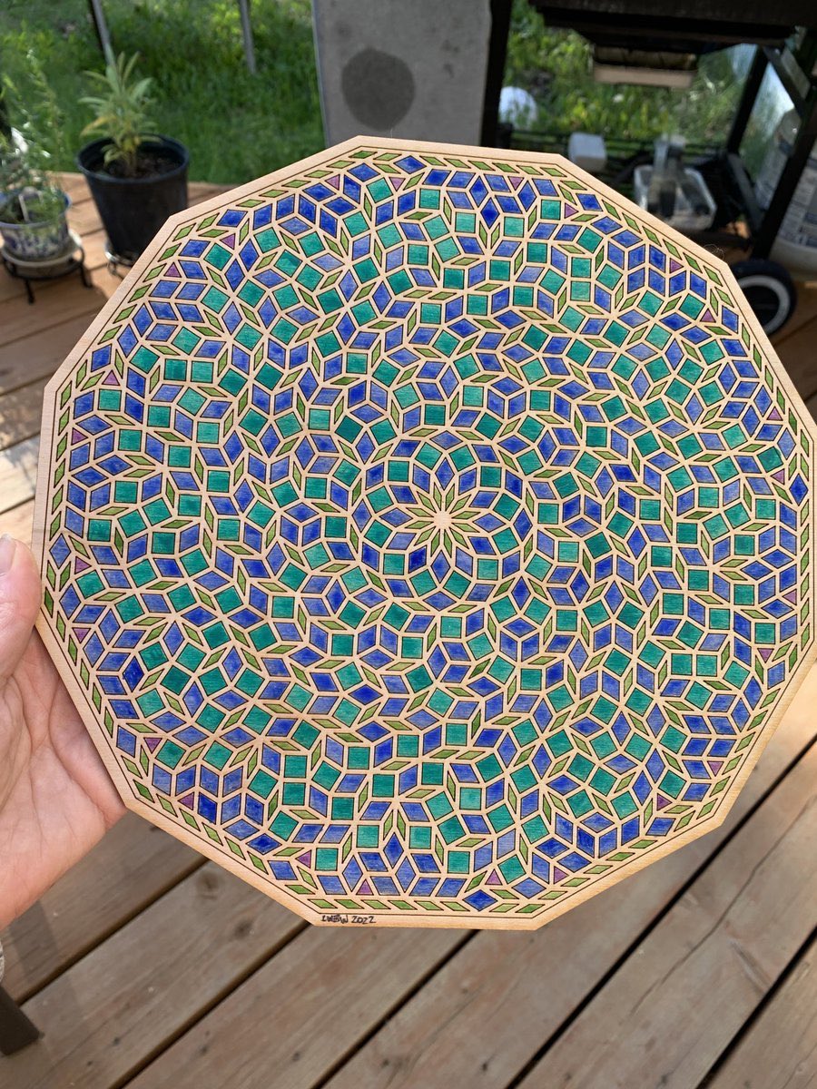 A Penrose dodecagon by Leah Berman Williams. The pattern never repeats. You could stare at it all day and not find the same tile twice.