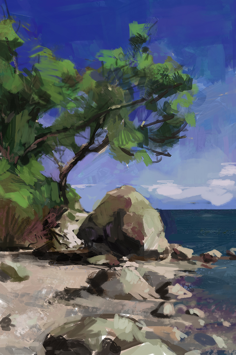 Margobelart's tweet photo. #digitalart #digitalpainting #beach #study #landscapepainting #sea #sky #practice #sketching #green #natrue #ocean #rocks #tree #krita https://t.co/pAamTn2nHU