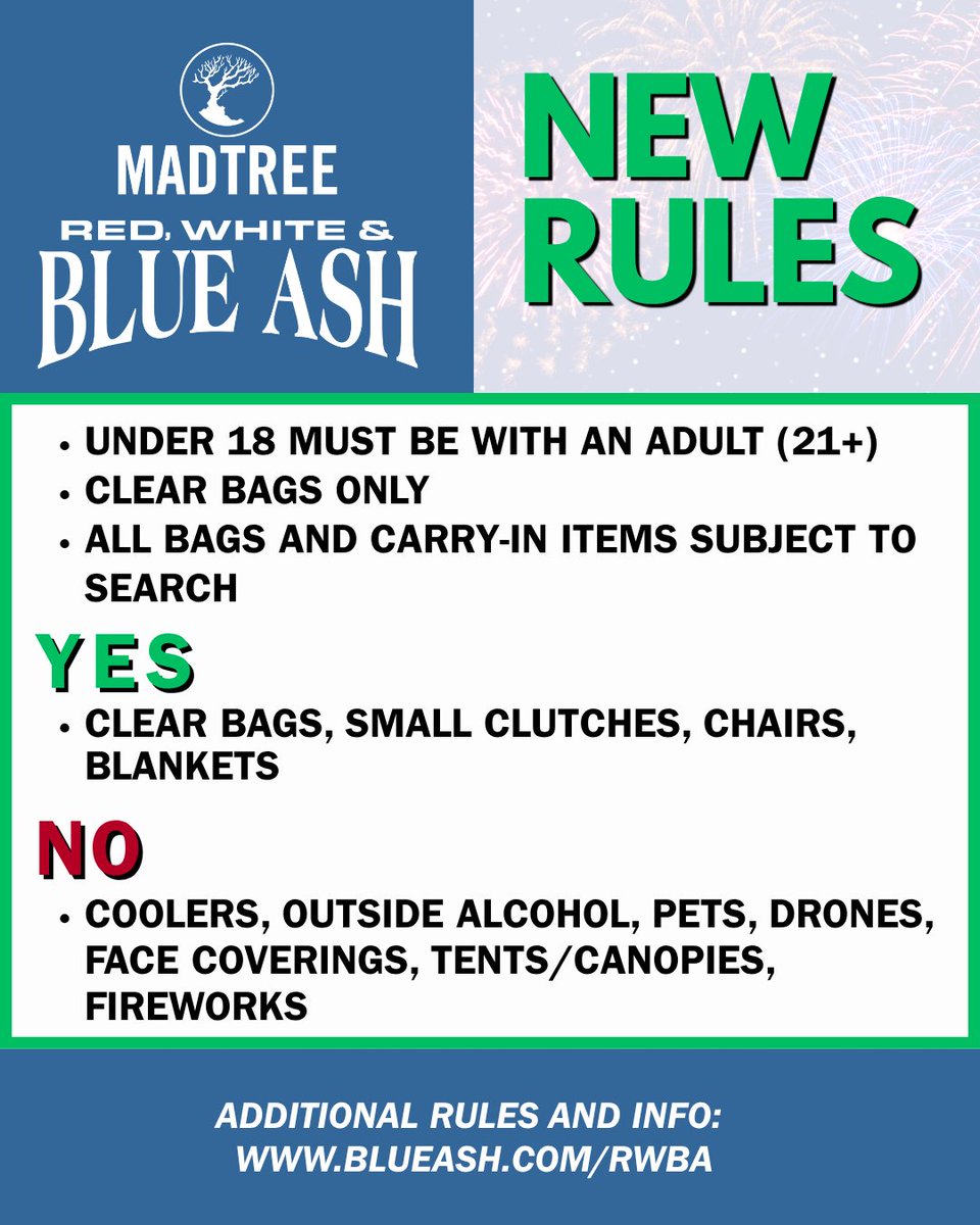 BlueAshPD's tweet photo. The City of Blue Ash is announcing important updates and changes to this year's MadTree Red, White &amp; Blue Ash celebration on July 4th at Summit Park. Read more: https://t.co/mNcZKqSMB9 https://t.co/VEj9557leD