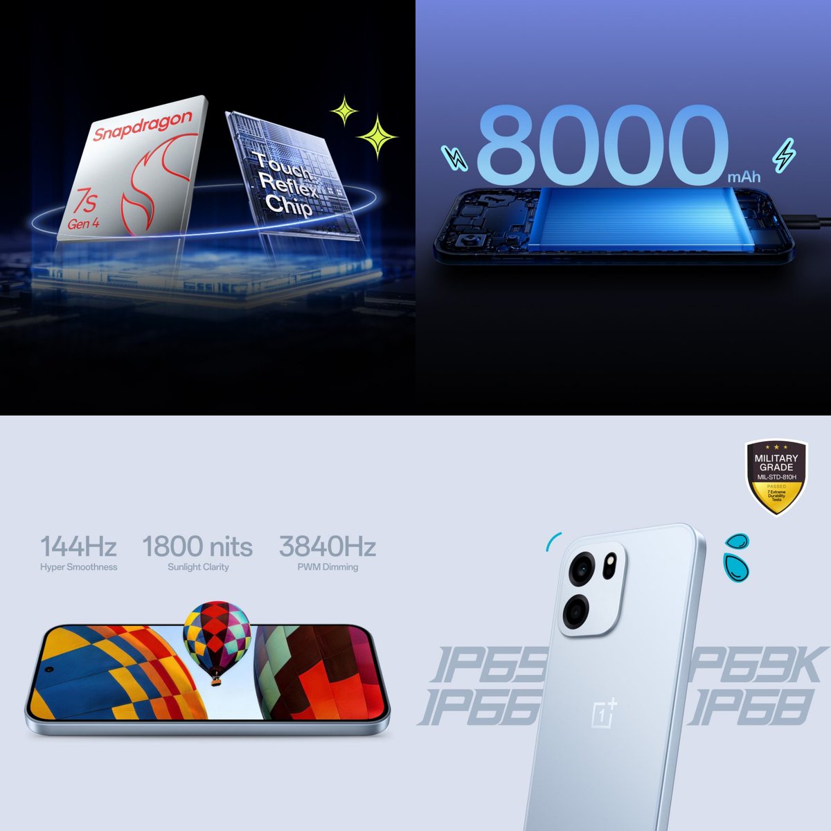 TechHome100's tweet image. OnePlus Nord CE 6 
▫️ 1.5K 144Hz LTPS AMOLED Flat Screen
▫️ 1800nits HBM
▫️ 3840Hz PWM Dimming
▫️ Snapdragon 7sGen4
▫️ Touch Reflex Chip 
▫️ 8000mAh🔋
▫️ IP69K/69/68/66

OnePlus Nord CE 6 Lite 
▫️ 144Hz LCD Display
▫️ Dimensity 7400 Apex
▫️ 7000mAh🔋
#OnePlus #OnePlusNordCE6