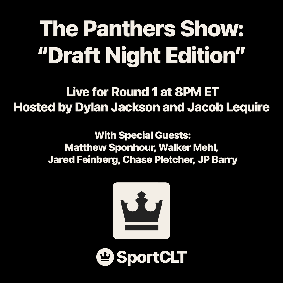 djdotmp4's tweet photo. 🚨 The Panthers Show: Draft Night Edition 🚨

We'll be live over at @SportCLT (Twitter, YouTube) throughout the entirety of night one (starting at 8 PM ET) of the NFL Draft.

Very excited to have some big names joining us throughout the show. Huge thanks to: @sponhourm, @WalkerMehl, @Jared_NFLDraft, @ChasePletcher4, and @JPBarry64