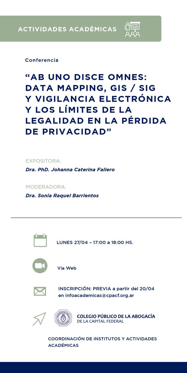 JoyCfTw's tweet photo. ⚖🔊 NUEVA #ActividadAcadémica @CPACF!!!🔊
🔷️#Conferencia AB UNO DISCE OMNES: #DataMapping, #GIS / #SIG y #vigilanciaelectrónica límites de la #legalidad en la pérdida de #privacidad
◾Dra. PhD Johanna C. Faliero 
📌LUN 27/04/26
🔹️17 h 💻Virtual
📮infoacademicas@cpacf.org.ar https://t.co/aFPlxSte5n