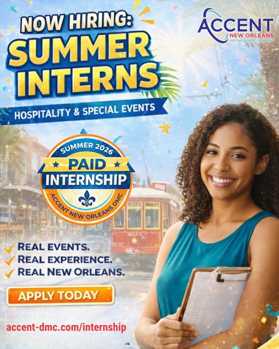 Most summer internships are just a fancy way of saying "unpaid office assistant." Not at ACCENT.

We’re hiring paid Summer interns to get on-site and actually work. If you want real responsibility, let's talk.

Apply: accent-dmc.com/internship

#NewOrleans #EventProfs #BuiltToHost