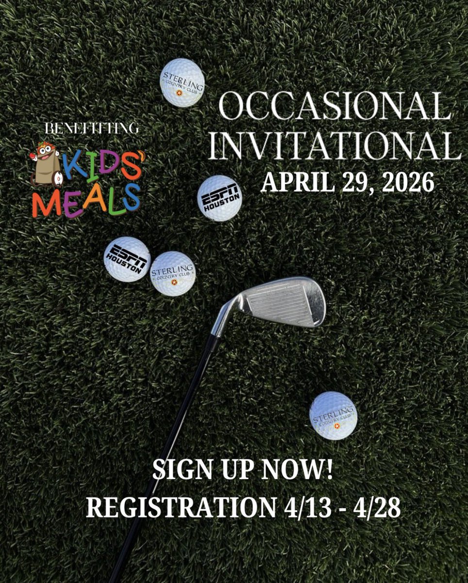 espn975's tweet photo. ⛳️We are 9 DAYS Away from our 2026 Occasional Invitational Golf Tournament

🏌️‍♂️ Don’t miss your shot to be part of one of Houston’s best golf events April 29th! 

Join us for a day of golf, great food, drinks, and giving back—all for a great cause! We’re headed to Sterling Country Club for our annual tournament bringing together listeners, advertisers, and staff for an unforgettable day on the course.

🚨 Register now — spots are LIMITED!
👉 https://t.co/Zg7D3njbUc

🔗 Or head to the link in our bio (Linktree)
⏳ Don’t wait—this event WILL sell out!

📅 Event Details
Date: Wednesday, April 29, 2026
📍Sterling Country Club
16500 Houston National Blvd, Houston, TX 77095

🎙️ Live Broadcast:
7 AM – 12 PM & 3 PM – 6 PM

⛳ Format:
18-Hole Scramble | 144 Golfers

⏰ Tournament Schedule
Registration – 8:30 AM
Box Lunches by Brown Bag Deli – 9:30 AM
Shotgun Start – 10:30 AM

🍽️ Awards, beverages, and buffet dinner by Valencia’s Tex-Mex Garage to follow the tournament

❤️ Giving Back
A portion of the proceeds will benefit the local Houston charity, Kids’ Meals, helping provide meals to children in need.

🔗 Learn More & Get Ready for Tournament Day
https://t.co/Wzfxh6eWDu @sterlingcountryclub_hngc
https://t.co/eWmyXHpE9g @brownbagdelihtx
https://t.co/dnuiKaFlJk @texmexgarage
https://t.co/23PGbg7tyJ @kidsmealsinc