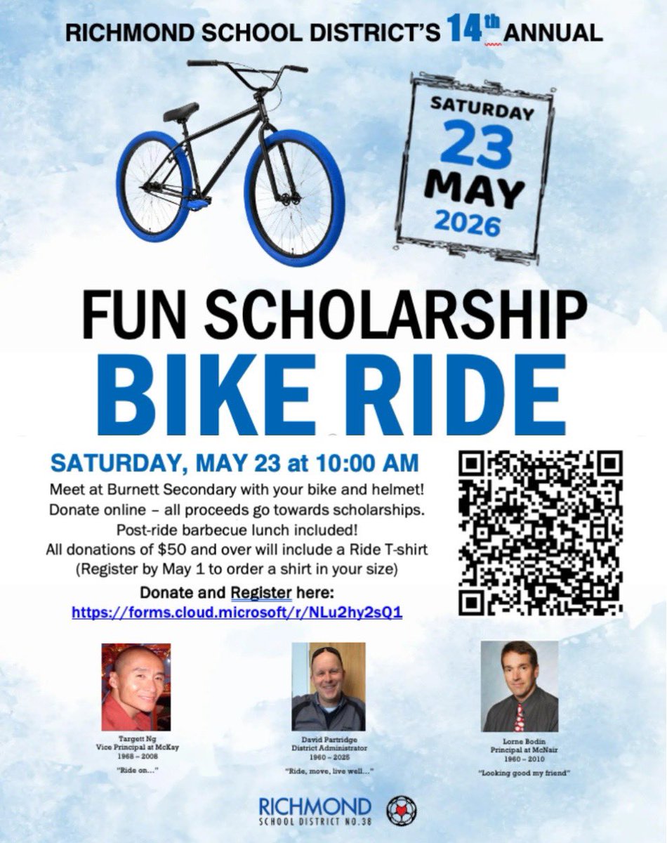 Jim_Allison's tweet photo. Interested in helping support graduating students in @RichmondSD38? Please consider donating and/or joining us for this great community event on Saturday, May 23. Donate by May 1 to receive a cool t-shirt! 🚲💙 https://t.co/iQJsDtr6Sl