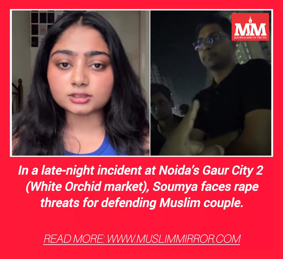 MuslimMirror's tweet image. Noida woman Soumya faces rape threats for defending Muslim couple

Read more: bit.ly/4tqQyHA

#Noida, #Soumya, #MuslimCouple