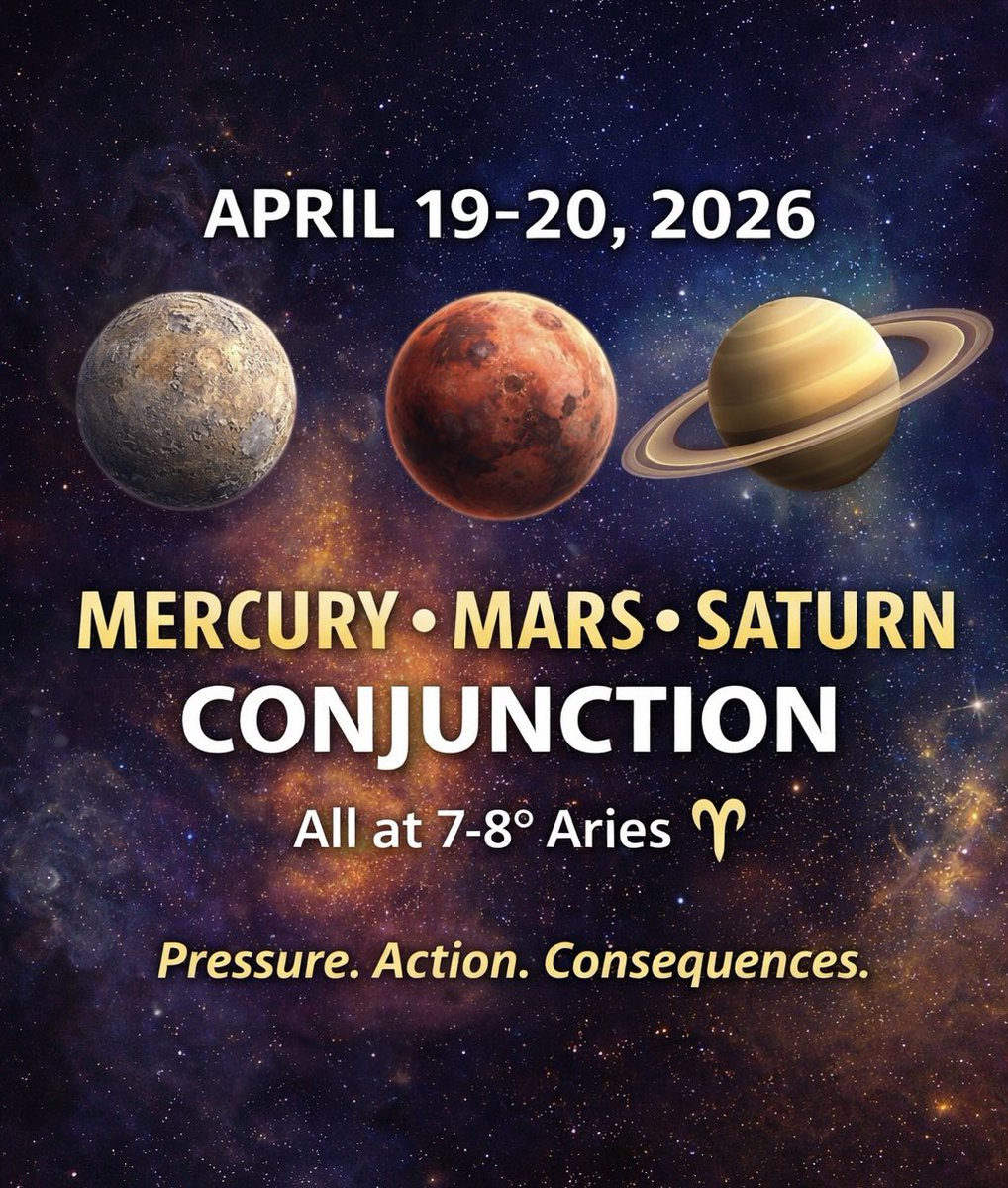 AstroUpdate's tweet image. Mercury, Mars, and Saturn meet in #Aries April 19–20, 2026. 🔥
Action. Words. Consequences.
Aries moves fast—but Saturn brings weight. What you say and do now carries impact.

Mars acts. Mercury speaks. Saturn remembers. 🪐
#astrology #AriesSeason