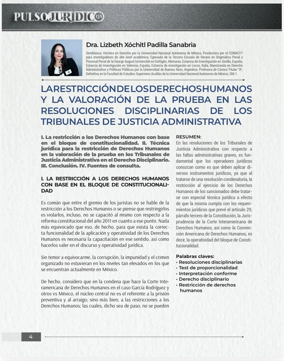 LzbethPadilla2's tweet photo. Ya está lista la Revista PULSO JURÍDICO del TRIBUNAL DE JUSTICIA ADMINISTRATIVA DEL ESTADO DE DURANGO

Agradezco muchísimo la invitación del Tribunal 🤓❤️🤗 

Mi participación en esta revista se refiere al siguiente tema:

LA RESTRICCIÓN DE LOS DERECHOS HUMANOS Y LA VALORACIÓN DE LA PRUEBA EN LAS RESOLUCIONES
DISCIPLINARAS DE LOS TRIBUNALES DE JUSTICIA ADMINISTRATIVA

Compartiré la revista en PDF en mis grupos de WhatsApp y quienes me la pidan vía inbox.📨 

#dralizpadilla #DerechoDisciplinario #DerechosHumanos