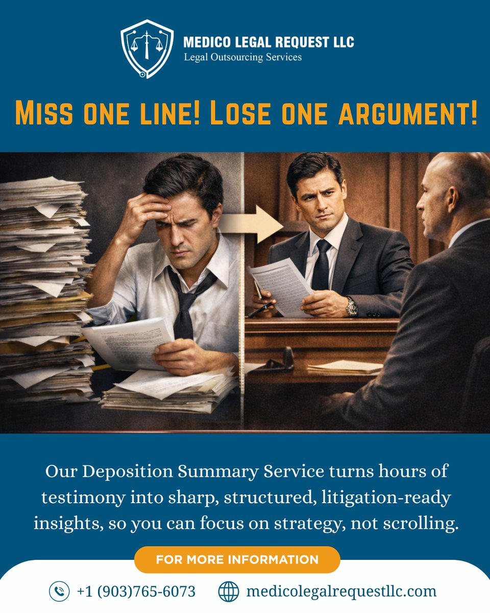 MedicoLlc's tweet image. Depositions can span hundreds of pages, making it time-consuming to extract key facts and admissions.

🌐 medicolegalrequestllc.com/services/depos…

#depositionsummary #depositiontranscript #litigationsupport #legalsupport #trialpreparation #casepreparation #lawfirmsupport