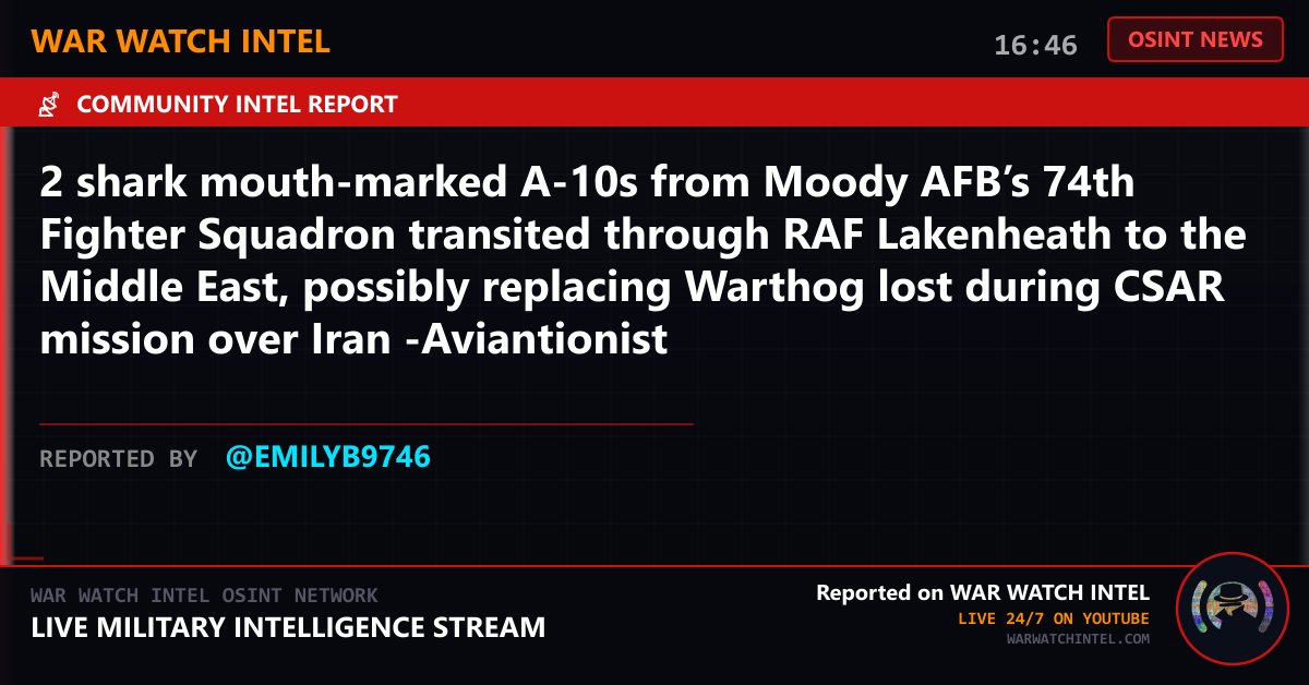 WarWatchIntel's tweet image. ⚡ BREAKING NEWS
2 shark mouth-marked A-10s from Moody AFB’s 74th Fighter Squadron transited through RAF Lakenheath to the Middle East, possibly replacing Warthog lost during CSAR mission over Iran -Aviantionist
Reported by @emilyb9746
War Watch Intel — Live 24/7 on YouTube
#OS…