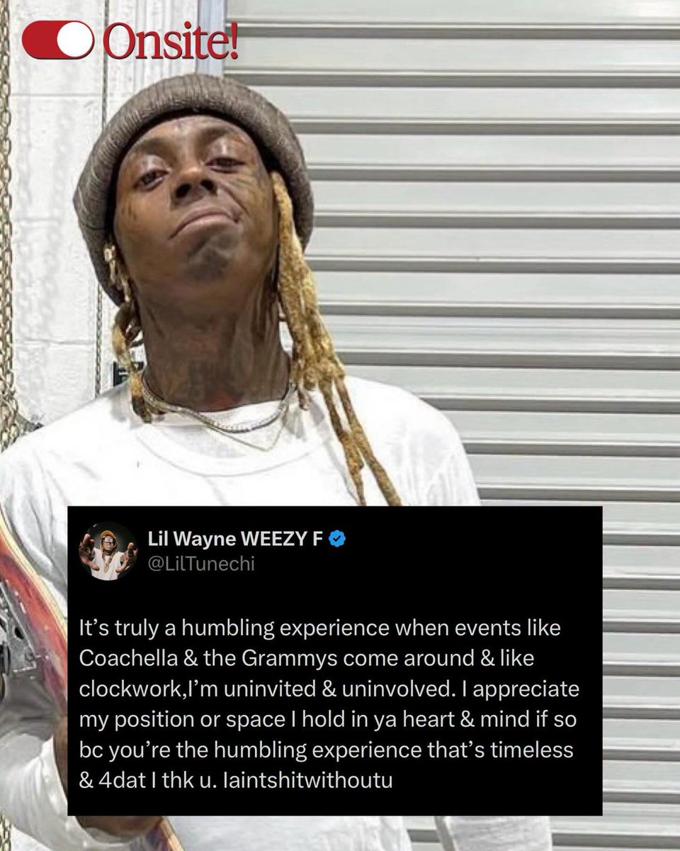 its_onsitetv's tweet image. #LilWayne gets a few things off his chest after being snubbed by the #Grammys and #Coachella, he says it’s “truly a humbling experience”.