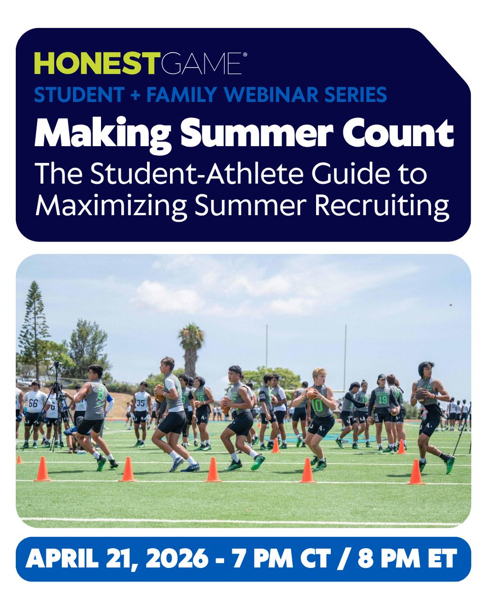 HonestGameCARES's tweet photo. Join Honest Game for a live webinar built for student-athletes and families looking to stand out this summer.

Learn how to use summer camps, showcases, coach outreach, and academic planning to take control of your recruiting journey.

We’re breaking down:
✔️ How to make the most of summer camps and showcases
✔️ What coaches are actually looking for - and how to reach out
✔️ Why academics play a bigger role in recruiting than you think

Register ▶ https://t.co/Toyp47CTbC