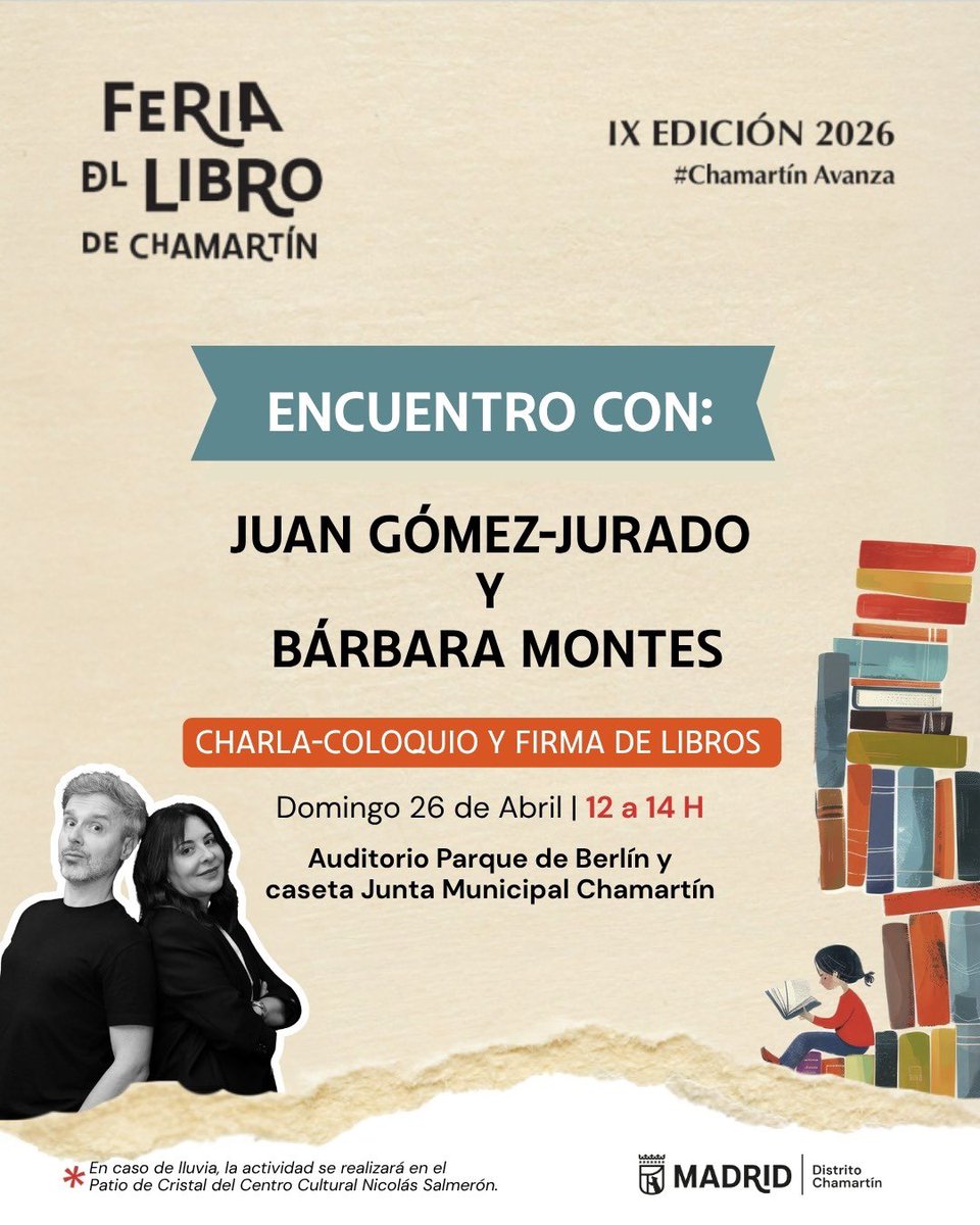 JuanGomezJurado's tweet photo. El próximo domingo 26 de abril estaremos @babsimon y yo en la Feria del Libro de Chamartín para un coloquio y firma de libros. Nos acompañará @_EstradaYolanda. ¡Y estamos deseando veros a todos! https://t.co/D1j4CAbIto