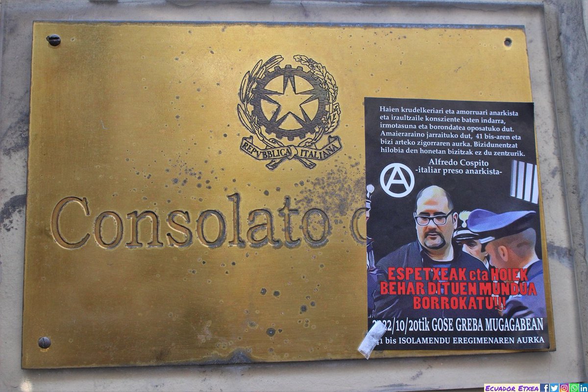 Antifaxismoa's tweet image. #Italia 18 anarquistas italianos condenados a penas de cárcel por movilizaciones de solidaridad con el preso politico Alfredo Cospito en #Turín 

Foto 📸 #Bilbao consulado italiano