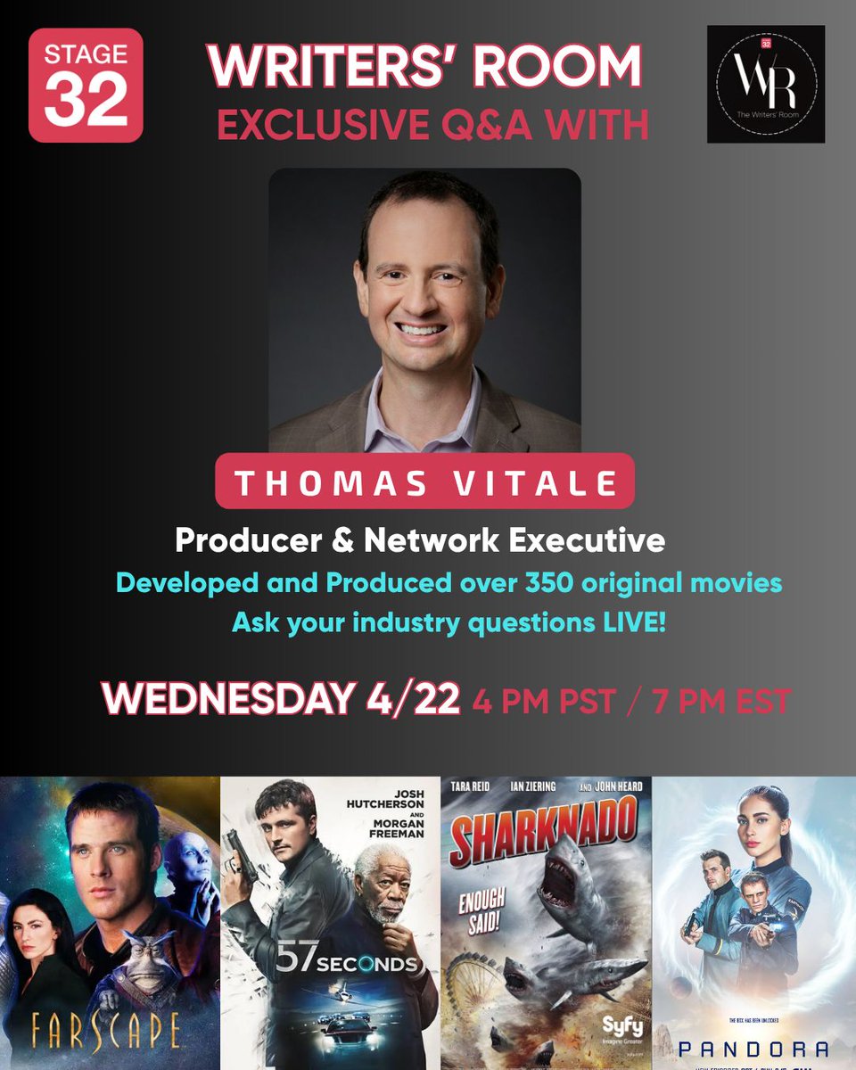Stage32's tweet image. STARGATE SG-1. BATTLESTAR GALACTICA. SHARKNADO. FARSCAPE.

The Syfy EVP behind all of them is joining Stage 32 this Wednesday to talk about writing and developing genre projects.

Wednesday April 22 · 4PM PT · Writers' Room members only

#Stage32 #Screenwriting #SciFi #Horror