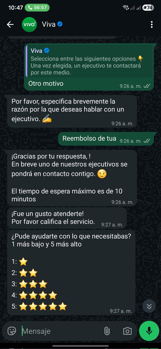 Alexvilchis0's tweet photo. @Profeco llevo 1 hora en línea esperando respuesta de @VivaAerobus @VivaTeEscucha, solicité mi reembolso de TUA hace casi 1 mes y no me dan respuesta ni por llamada, correo 9 WhatsApp, qué puedo hacer? https://t.co/Xd6crcvZj5