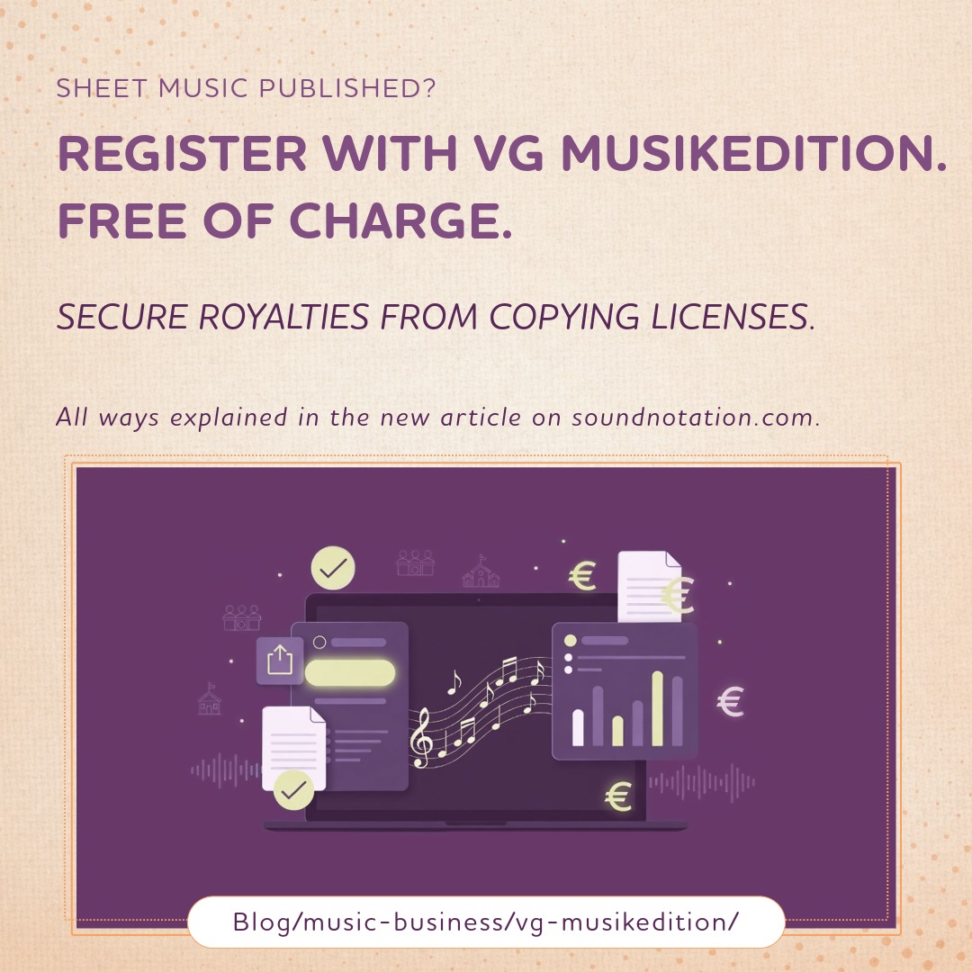 soundnotation's tweet photo. Registered with GEMA? Good. ✔ Registered with VG Musikedition? Most composers: not yet. 🤔
But it’s free to join, takes only a few minutes, and helps composers secure royalties from copying licenses.
More in our blog article https://t.co/xroVzXlXJa https://t.co/tyqP9qLpWh