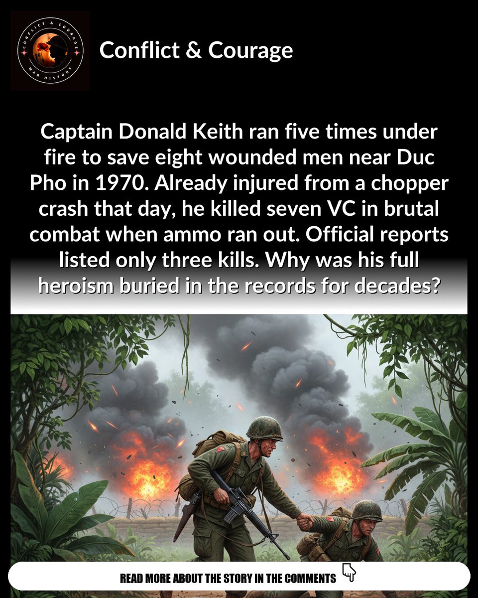 conflictcourag1's tweet image. Captain Donald Keith returned to combat hours after surviving a helicopter crash to save his entire unit from being overrun—a decision that defined true heroism. #MilitaryHistory #VietnamWar