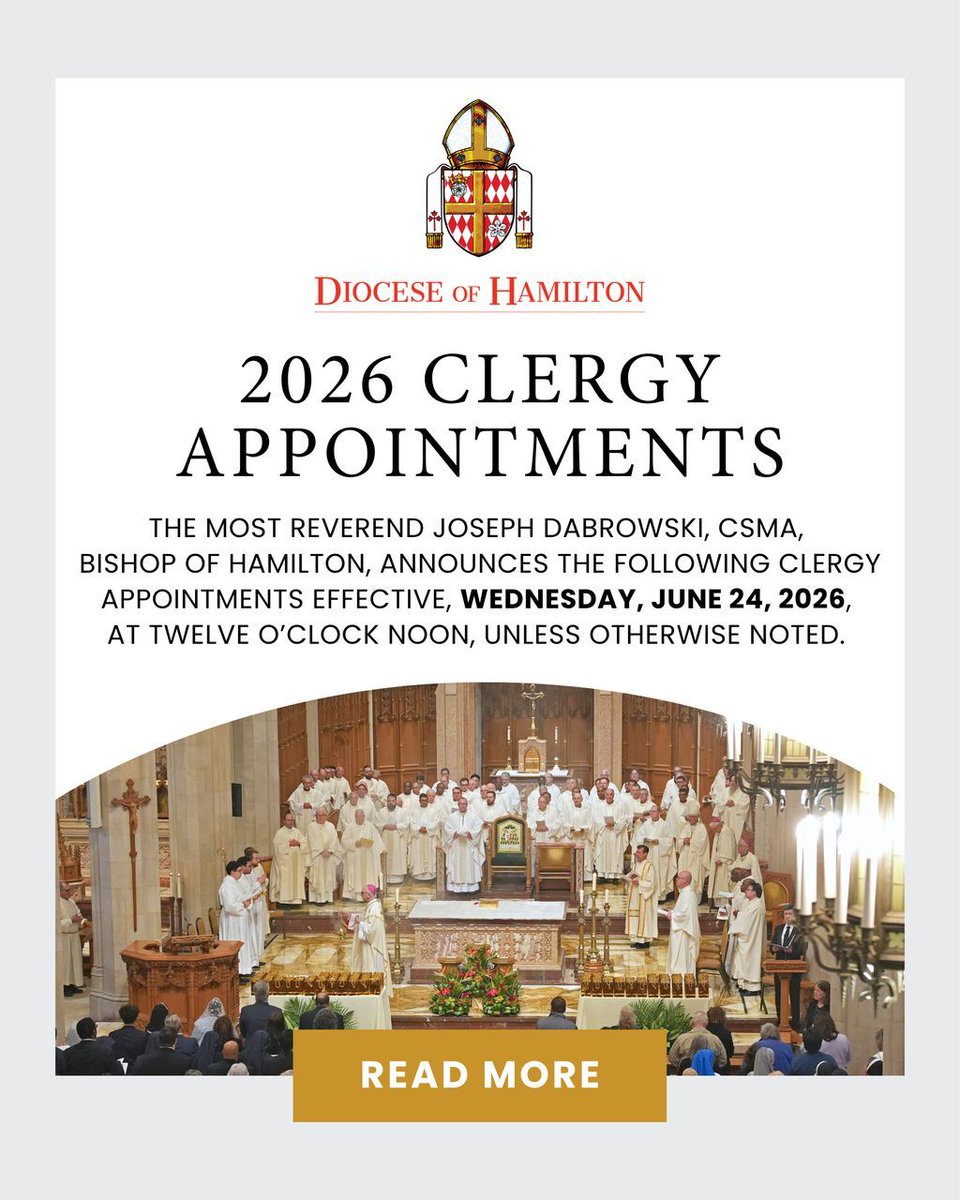 DioceseHamilton's tweet photo. The Most Reverend Joseph Dabrowski, CSMA, Bishop of Hamilton, announces the following clergy appointments effective, Wednesday, June 24, 2026, at twelve o’clock noon, unless otherwise noted: https://t.co/K6xtUdUAvf https://t.co/eVVgmOdmxT