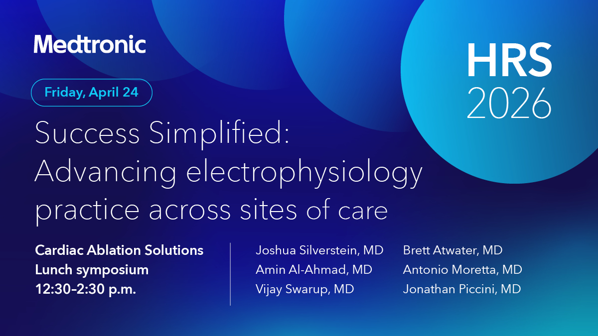 MDT_EPAblation's tweet photo. Don’t miss the Medtronic lunch symposium at #HRS2026! Discover how the Medtronic PFA portfolio—including the Sphere‑9™ catheter & Affera™ mapping and ablation system—is transforming procedures and advancing EP practices.
View program: https://t.co/LqnvWAQkM7 #SuccessSimplified https://t.co/jtJGIlUccO