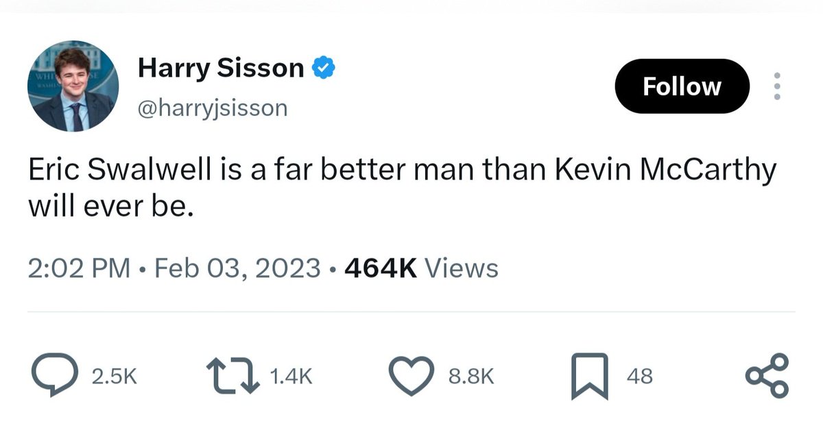 This didn't age well <a href="/harryjsisson/">Harry Sisson</a> 
Any comment on "better man" Eric Swalwell now?