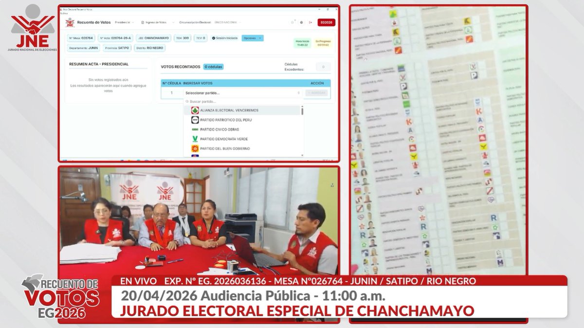 JNE_Peru's tweet image. #EnVivo | #EG2026
Audiencia pública de recuento de votos de actas observadas. 
📍Jurado Electoral Especial de Chanchamayo⚖️. 
Mesa de sufragio Nº 026764 / Junín / Satipo / Río Negro.
👉youtube.com/watch?v=407jLe…