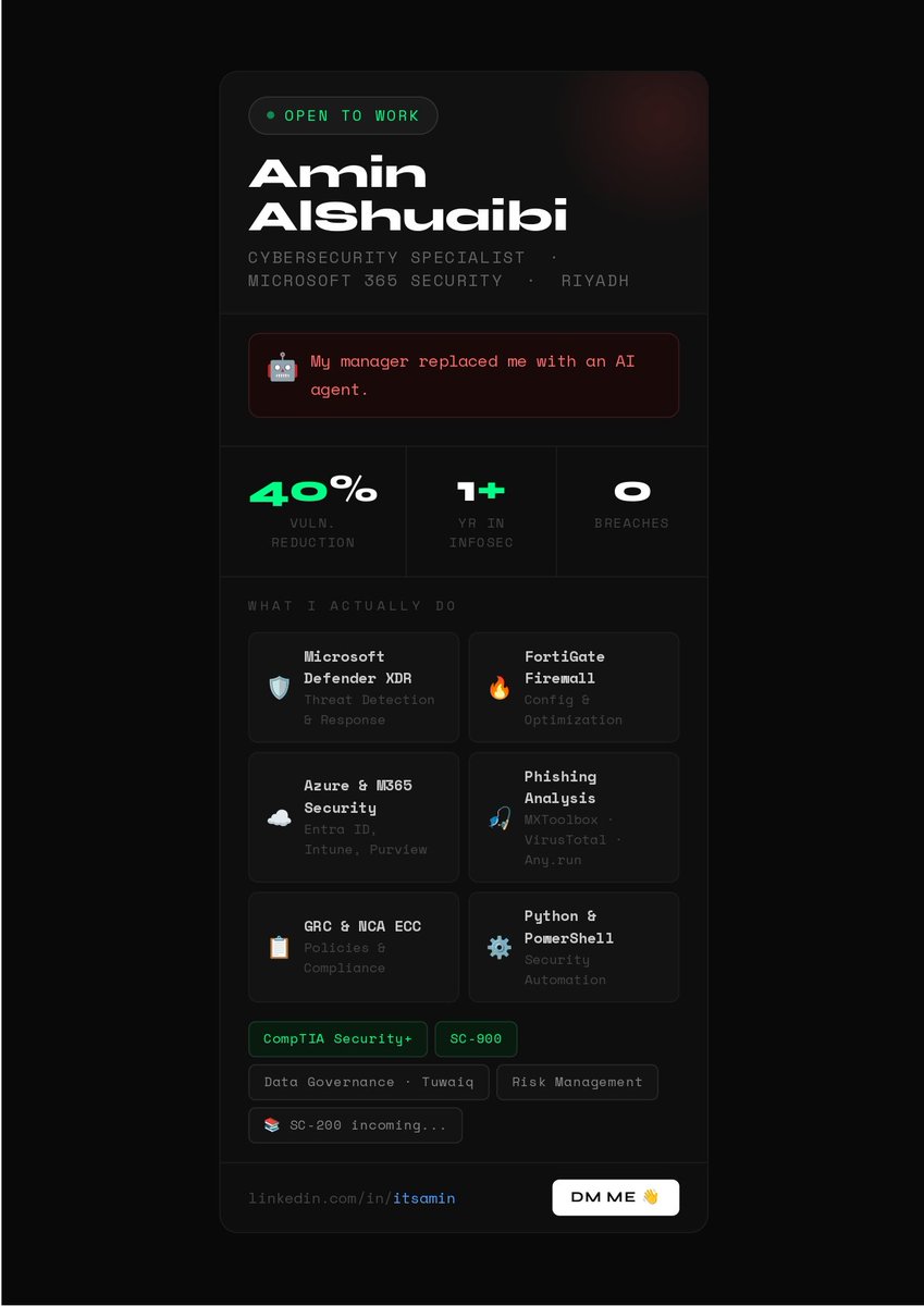 ItsAmin2030's tweet image. 📢 أبحث عن فرصة جديدة.

لأنه مديري قرر يستبدلني ب Ai agents، بعدها ناداني أوحد خلفية سطح المكتب للأجهزة، فقلت له خليهم يسونها لك 😂💔.

أبدا ما زعلت 😌.
#Cybersecurity #Microsoft365 #InformationSecurity