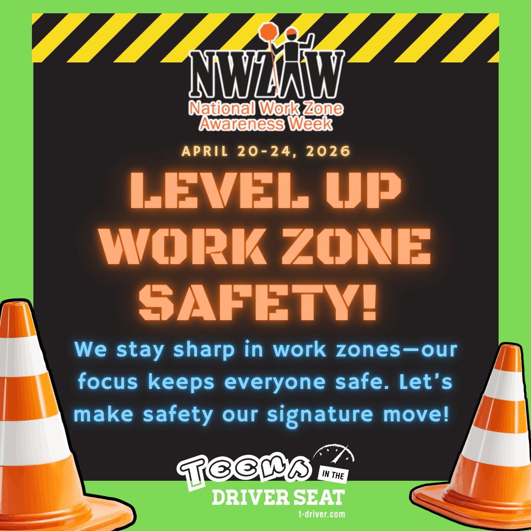 TeensDriverSeat's tweet image. 🚧 Work Zone Awareness Week
📅 April 20–24, 2026

Work zones = real people at risk.

Slow down ⬇️ stay alert 👀 and put the phone away 📵

Learn more: bit.ly/368vVui

#DriveLikeATexan #SafeDriving #NWZAW #WorkZoneSafety