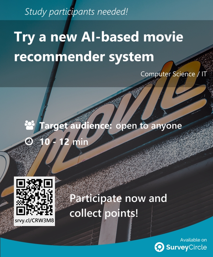 top_studies's tweet image. Participants needed for top-ranked study on SurveyCircle:

"Try a new AI-based movie recommender system" surveycircle.com/CRW3M8/ via @SurveyCircle #uniofyork

#technology #interactive #movies #entertainment #academic