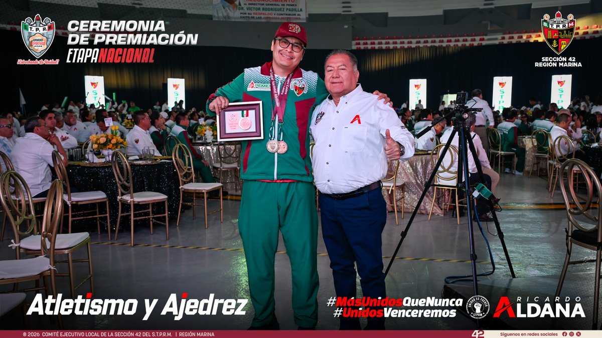 Seccion42_STPRM's tweet photo. Este domingo 20 de abril vivimos una jornada memorable en el Centro de Convenciones de Ciudad Madero, Tamaulipas, donde se llevó a cabo la ceremonia de premiación de las disciplinas de atletismo y ajedrez de las Jornadas Deportivas STPRM-PEMEX 2026.
Nuestra delegación de la Sección 42 cerró con orgullo esta edición al obtener 13 medallas, reflejo del esfuerzo, la disciplina y la entrega de cada una y cada uno de nuestros competidores.
La Sección Uno, encabezada por su líder Esdras Romero Vega, fungió como anfitriona de un evento lleno de calidez y tradición. Entre bailes regionales, una comida exquisita y un ambiente fraterno, se respiró la verdadera esencia de nuestro sindicato: unidad, camaradería y orgullo petrolero.
Nuestro máximo dirigente nacional, el Ing. Luis Ricardo Aldana Prieto, acompañado por la representación de la administración de Pemex, hizo entrega de las medallas y premios a los ganadores. En su mensaje final, recordó que el sindicato somos todos, y reconoció no solo el esfuerzo de los deportistas, sino el de todas y todos los trabajadores petroleros que, con dedicación y compromiso, impulsamos a nuestra empresa a salir adelante pese a cualquier adversidad.
Al cierre de esta gran ceremonia, nuestro líder de la Sección 42, Luis Gerardo Pérez Sánchez, expresa su más sincero agradecimiento a las y los deportistas que representaron dignamente a nuestra sección, y les recuerda que es momento de redoblar esfuerzos para seguir a la altura de las exigencias de estas competencias y del orgullo que llevamos en el corazón.
¡Felicidades, Sección 42! Seguimos avanzando con fuerza, con unidad, por eso hoy estamos ¡Más Unidos Que Nunca!
Visita la galería completa en: https://t.co/jqwvJoOiek
#SomosSTPRM #MásUnidosQueNunca #UnidosVenceremos
@lgps03101
@MarcoAzuara1