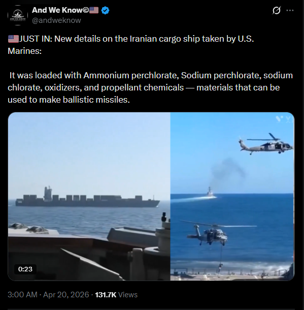 So I was correct. The boat was filled with chemicals to make missiles.

x.com/andweknow/stat…